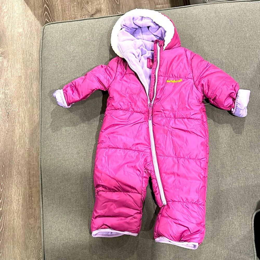 9/12 Mo girls snow suit by Pink Platinum. Fleece lined with hood.